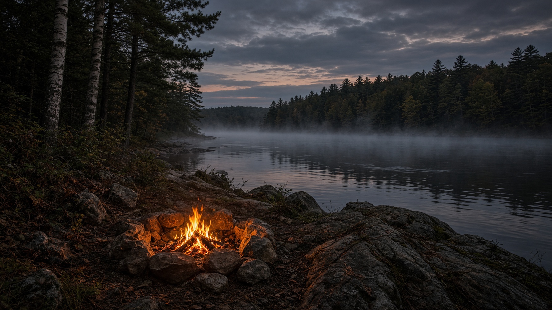 Dusk on the Housatonic River from a wooded bank, campfire in the foreground